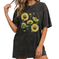 thumbnail image 1 of Women Casual Watercolor Sunflower Cluster Graphic Tees T Shirt Tops Round Neck Printed Cotton Washed T Shirt Black S-2XL Plus Size, 1 of 5