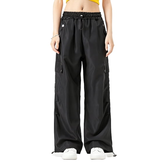 Women Casual Wide Leg Cargo Pant Windpeoof Loose Elastic High Waist Long Pants Comfy Lightweight Spring Fall Trousers With Pockets