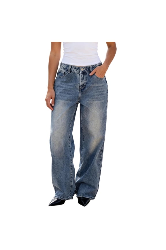Women Casual Wide Leg Jeans Button High Waist Jeans Pants Loose Straight Denim Pant Fashion Plain Color Trousers with Pocket Flowy Comfy Baggy Denim Trouser Retro Slouchy Street Style