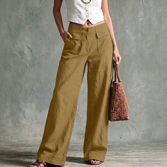 Women Casual Wide Leg Pants High Waist Straight Trousers Solid Color Palazzo Pants with Pockets Khaki M