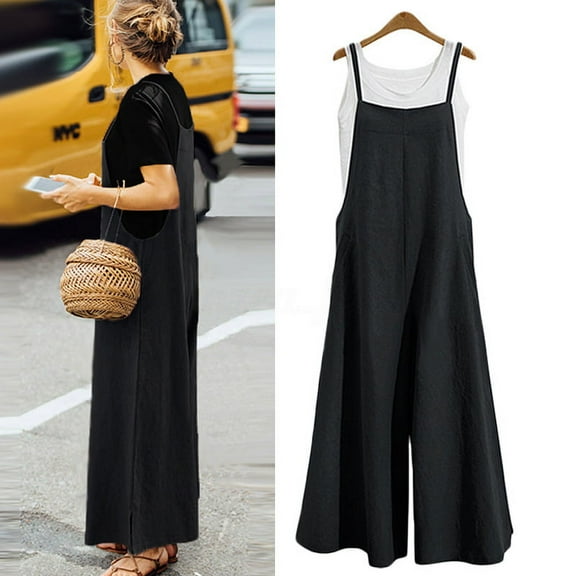 Women Casual Wide-Legged Jumpsuit Cotton Linen Breathable Sleeveless One-Piece Loose Long Jumpsuit Overalls