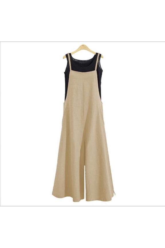 Women Casual Wide-Legged Jumpsuit Cotton Linen Breathable Sleeveless One-Piece Loose Long Jumpsuit Overalls
