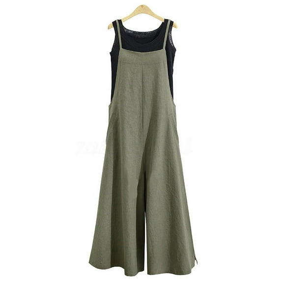 Women Casual Wide-Legged Jumpsuit Cotton Linen Breathable Sleeveless One-Piece Loose Long Jumpsuit Overalls