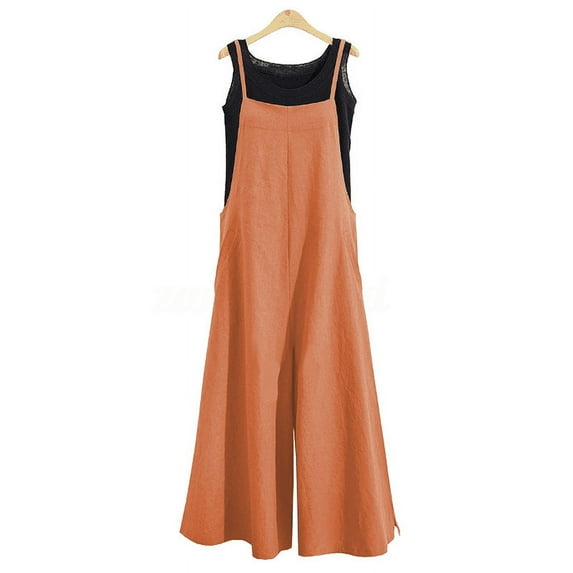 Women Casual Wide-Legged Jumpsuit Cotton Linen Breathable Sleeveless One-Piece Loose Long Jumpsuit Overalls