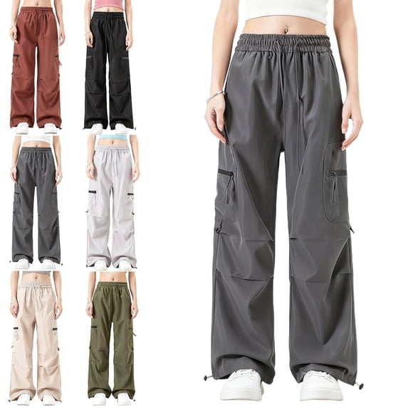 Women Casual Windbreaker Cargo Pants Zipper Drawstring Multi Pocket Breathable Solid Color Pants