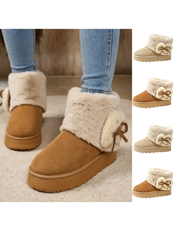 Women Casual Winter Snow Booties Round Toe PU Faux Plush Cuff Bow Decor Shoes Daily Commute Shopping Outdoor Ankle Boots Brown