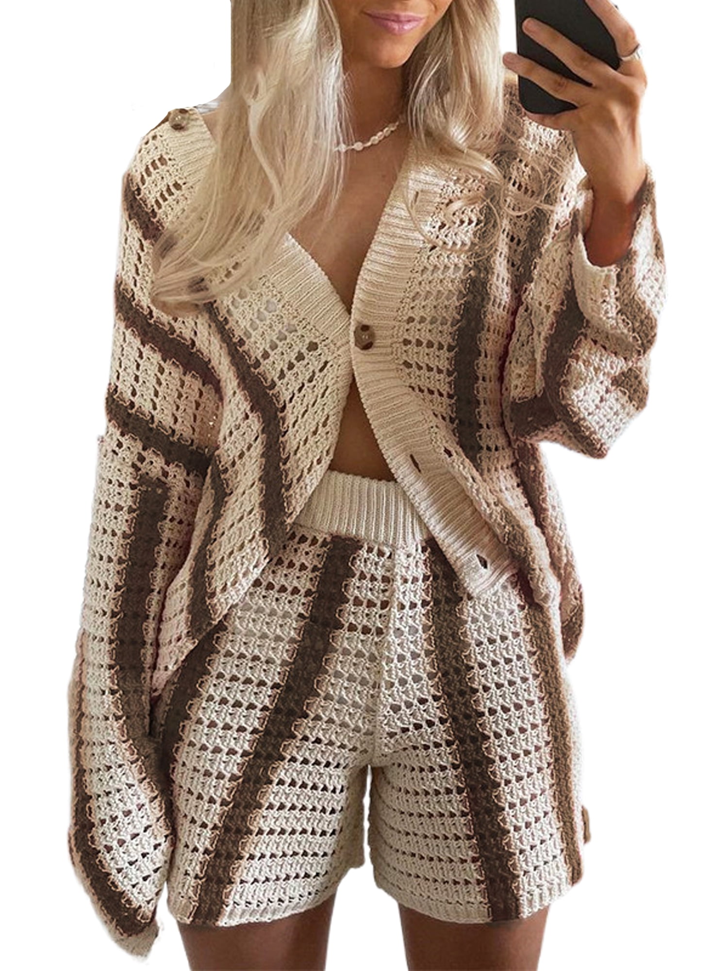 Women Casual Y2k Knitted Outfit Set Crochet Hollow Out Button Down Shirts Bodycon Shorts Set Walmart