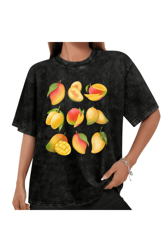 Women Casual Yellow Orange Mango Graphic Tees Cotton Crew Neck Printed T Shirt Tops Mineral Wash Black S-2XL Plus Size