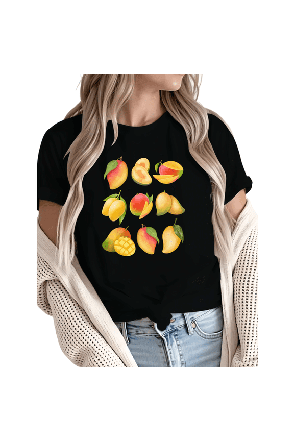 Women Casual Yellow Red Mango Graphic Tees Cotton Crew Neck Printed T Shirt Tops Black S-5XL