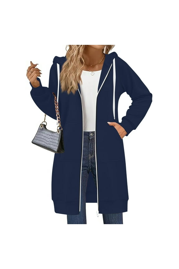 Women Casual Zip Up Fleece Hoodies Long Tunic Jackets 2025 Fall Winter Oversized Sweatshirts With Pockets Long Sleeve Comfy For Street Style & Loungewear​ Navy L