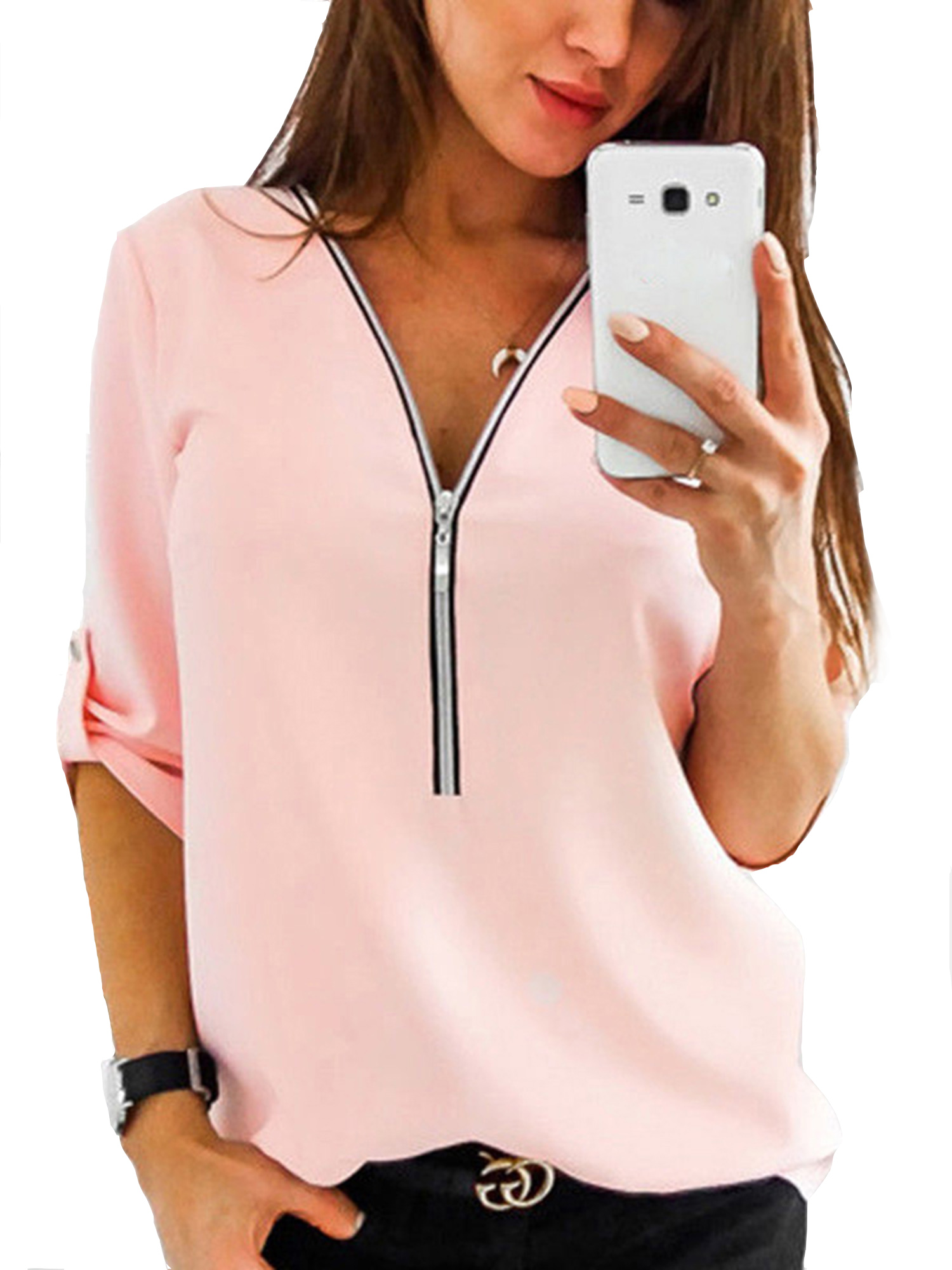 Women Casual Zip Neck Tops Shirt Ladies V Neck Zipper Loose T-Shirt Fashion Summer Blouse Roll-Up Long Sleeve Tee Top - image 1 of 2