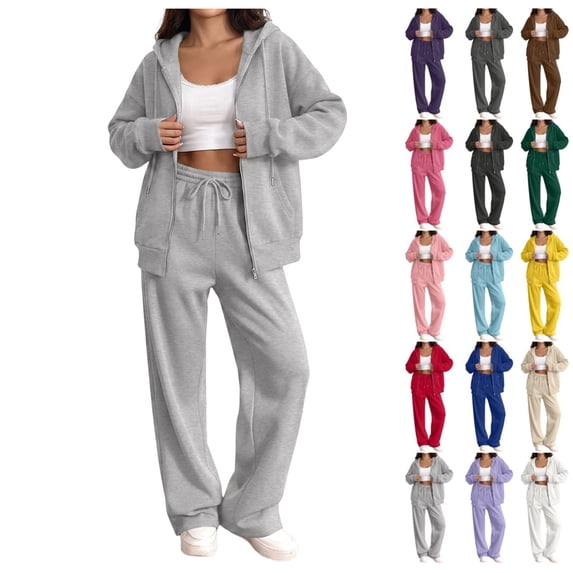 Women Casual Zip‑Up Hooded Jacket & Wide Leg Pants Set Solid 2 Piece Tracksuit Loose Fit Outfit for Autumn Winter
