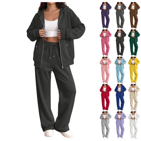 Women Casual Zip‑Up Hooded Jacket & Wide Leg Pants Set Solid 2 Piece Tracksuit Loose Fit Outfit for Autumn Winter