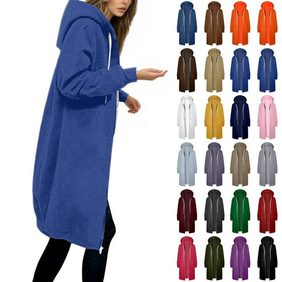 Women Casual Zip Up Polyester Hoodies Long Flattering Sweatshirt Dress with Pockets for Loungewear & Street Style Blue M