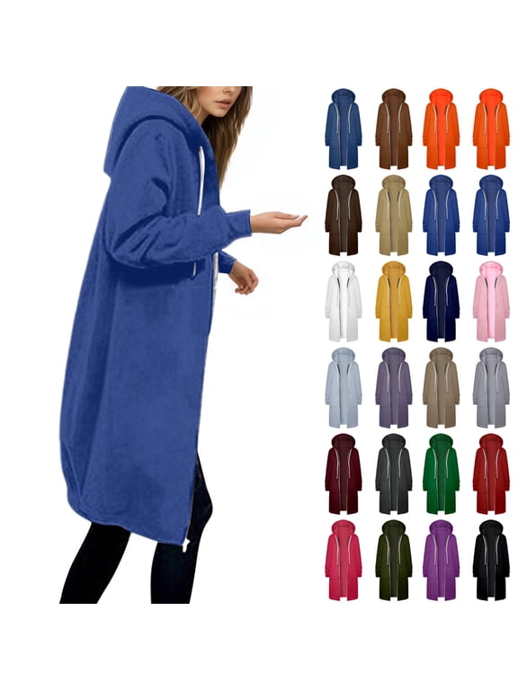 Women Casual Zip Up Polyester Hoodies Long Flattering Sweatshirt Dress with Pockets for Loungewear & Street Style Royal Blue 2XL