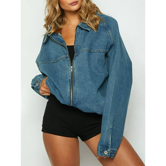Women Casual Zip Up Spring Long Sleeve Oversized Denim Jackets with Pocket