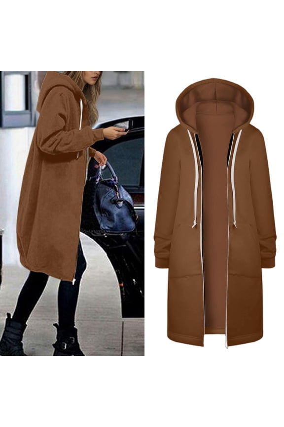 Women Casual Zip up Polyester Hoodies, Long Hoodie Tunic Jackets Long Sleeve Sweater Dress with Side Pockets Brown S