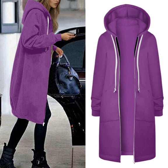 Women Casual Zip up Polyester Hoodies, Long Hoodie Tunic Jackets Long Sleeve Sweater Dress with Side Pockets Dark Purple M