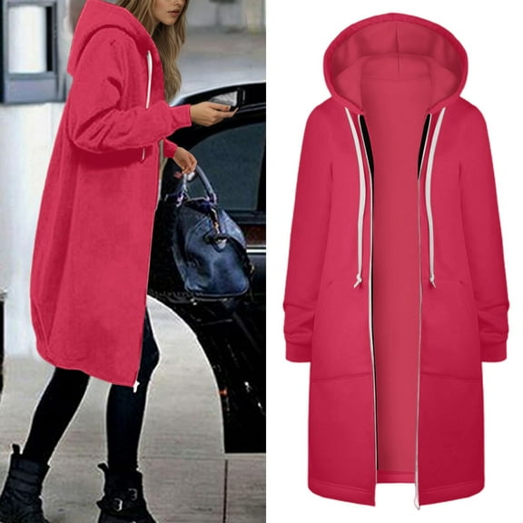 Women Casual Zip up Polyester Hoodies, Long Hoodie Tunic Jackets Long Sleeve Sweater Dress with Side Pockets Hot Pink M
