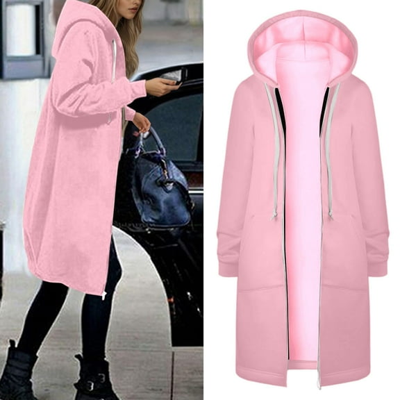 Women Casual Zip up Polyester Hoodies, Long Hoodie Tunic Jackets Long Sleeve Sweater Dress with Side Pockets Pink M