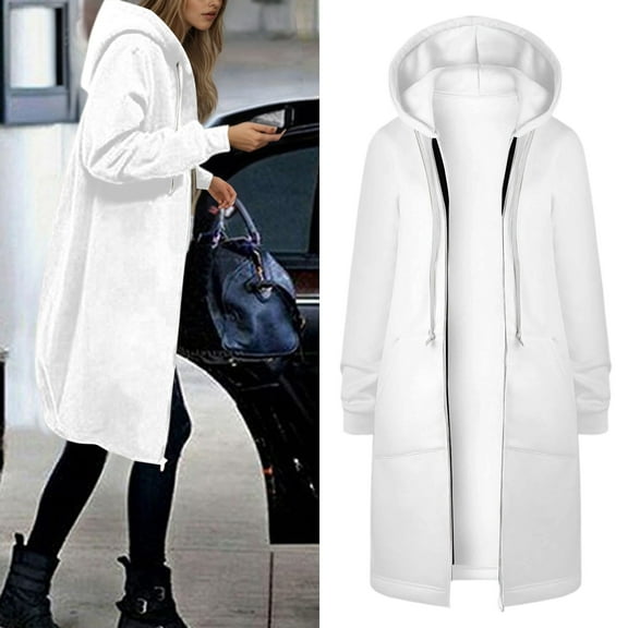Women Casual Zip up Polyester Hoodies, Long Hoodie Tunic Jackets Long Sleeve Sweater Dress with Side Pockets White M