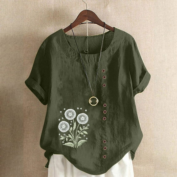 Women Casual and Linen Ocean Fish Printed Short Sleeve Button Tunic T-shirt Blouse