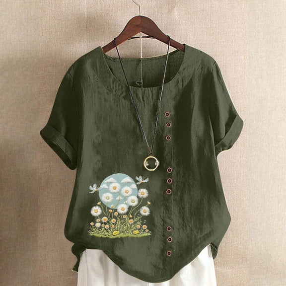 Women Casual and Linen Ocean Fish Printed Short Sleeve Button Tunic T-shirt Blouse
