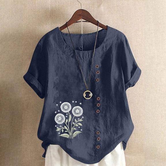 Women Casual and Linen Ocean Fish Printed Short Sleeve Button Tunic T-shirt Blouse