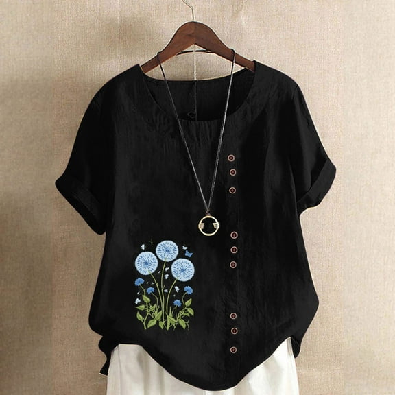 Women Casual and Linen Ocean Fish Printed Short Sleeve Button Tunic T-shirt Blouse