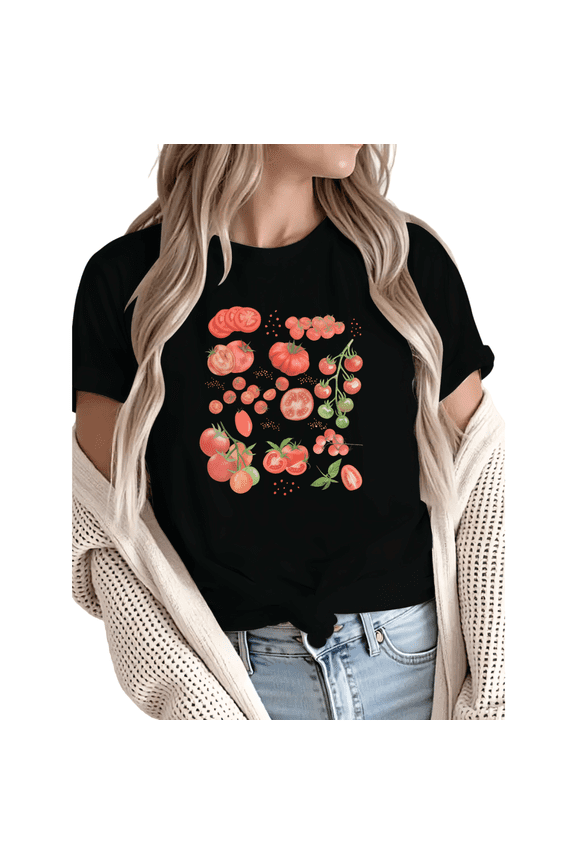 Women Casual fun Red Green Tomato Graphic Tees Cotton Crew Neck Printed T Shirt Tops Black S-5XL