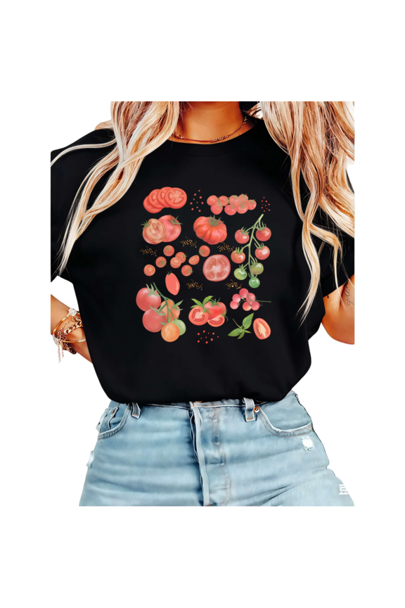 Women Casual fun Red Green Tomato Graphic Tees Cotton Crew Neck Printed T Shirt Tops Black S-5XL