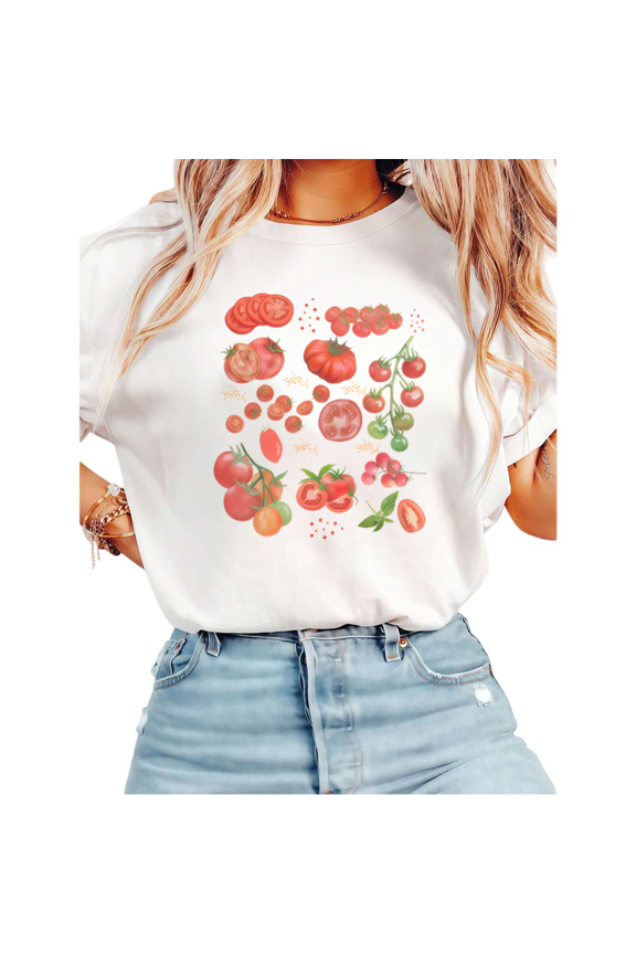 Women Casual fun Red Green Tomato Graphic Tees Cotton Crew Neck Printed T Shirt Tops White S-5XL