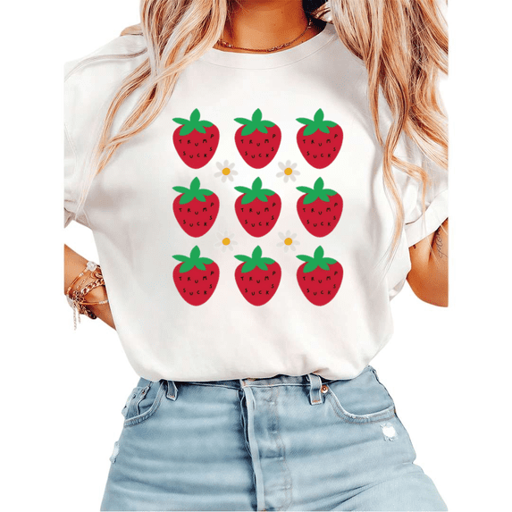 Women Casual's Crew Neck Printed Cotton T-Shirt Strawberry Graphic Tees Casual Short Sleeve Tops White S-5XL