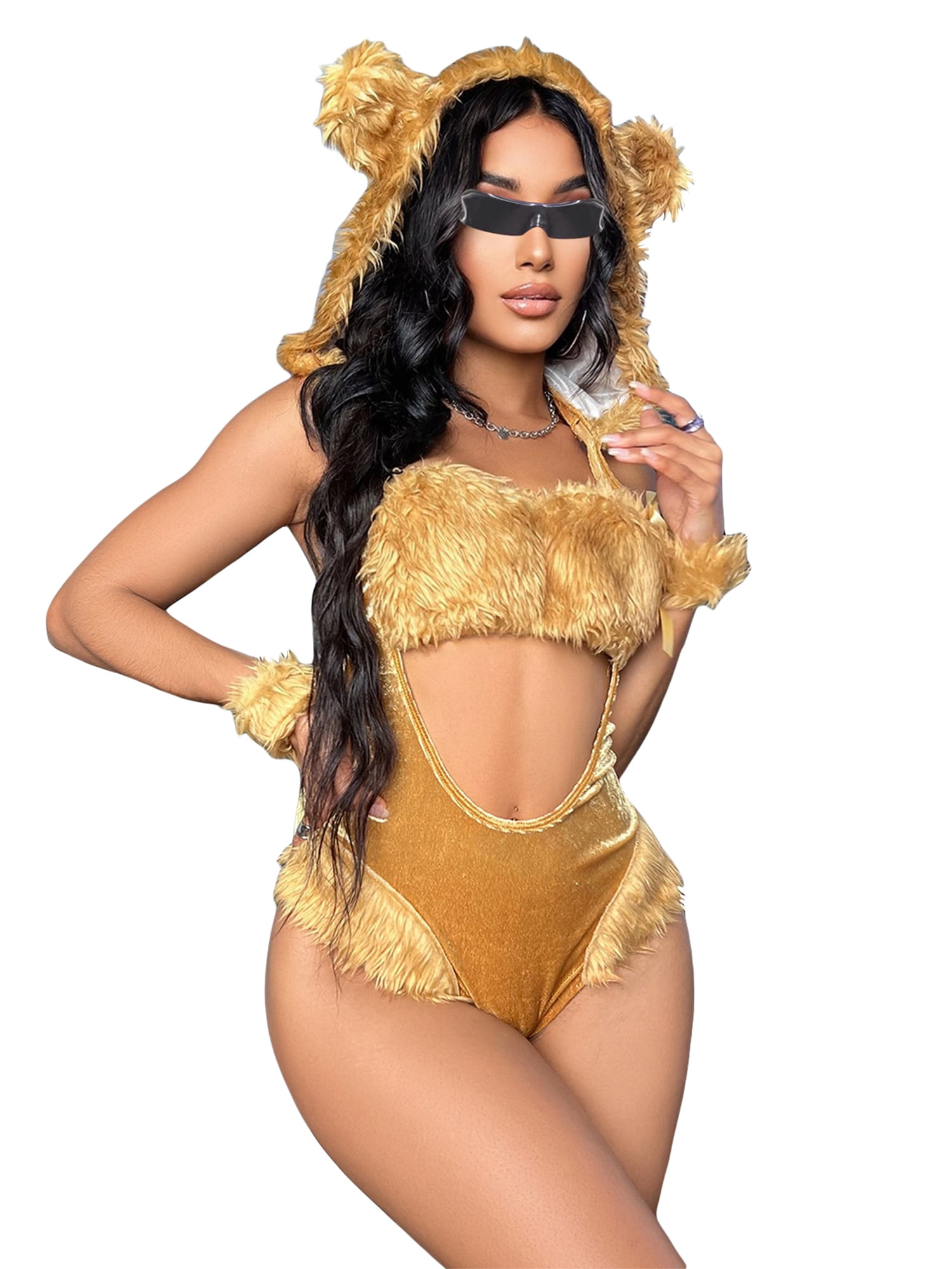 Women Sexy Lingerie Cat Hooded Bodysuit Chest Cutout Long Sleeve One-piece  Bodysuit with Tail