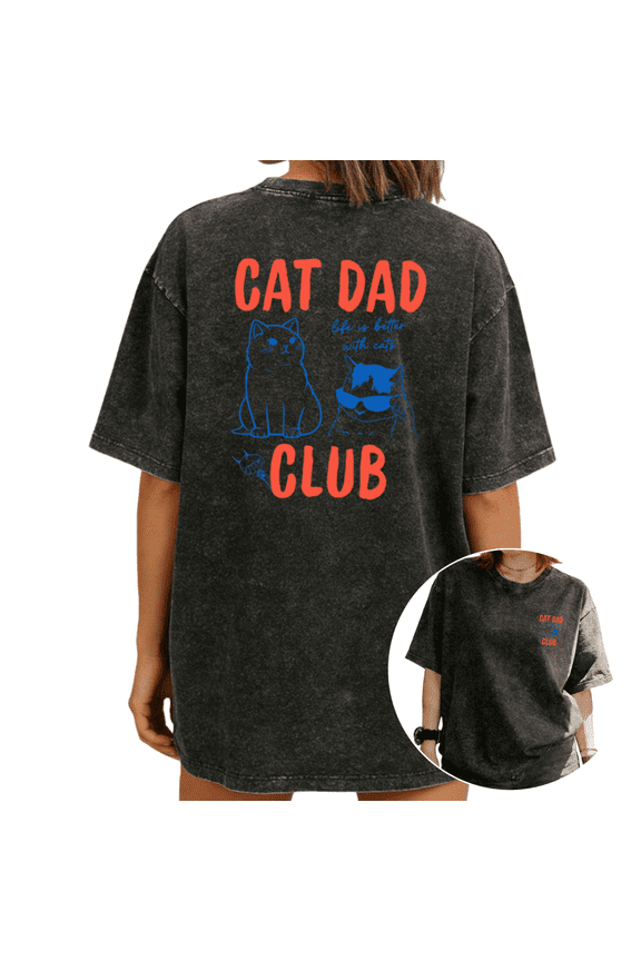 Women Cat Dad Club Funny Cat Graphic Tees T Shirt Tops Round Neck Washed Cotton T Shirt Black S-2XL Plus Size