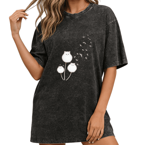 Women Cat Dandelion Graphic Tops Round Neck Printed Washed Cotton T-Shirt Black S-2XL Plus Size