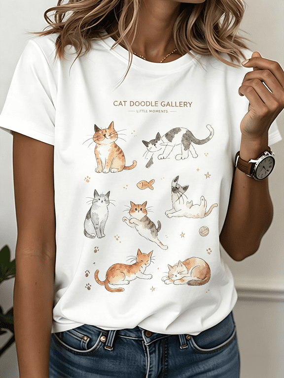 Women Cat Doodle Gallery Watercolor Graphic T-Shirt, Cute Multi Kitten Sketch Print Crew Neck Short Sleeve Casual Daily Tee
