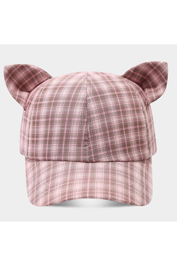 Women Cat Ear Baseball Cap Plaid Cute Adjustable Sun Hat Fashion Cap