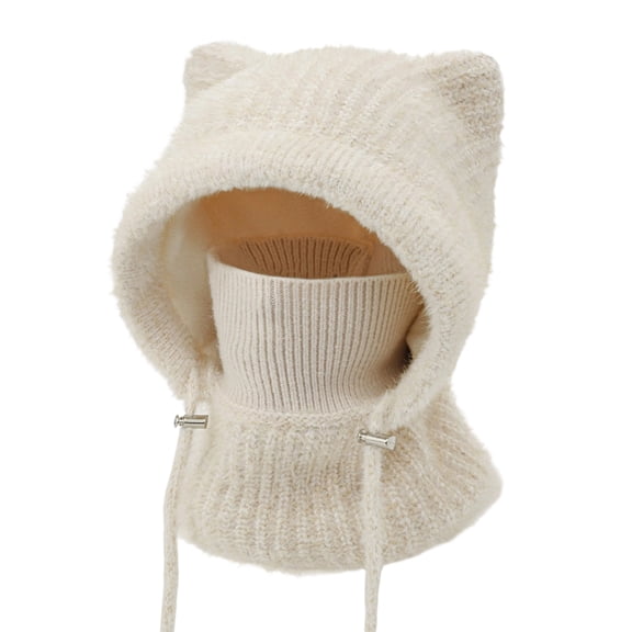 Women Cat Ear Knit Balaclavas Winter Fleece Lined Beanie Hat Scarf Mask Set, 3 in 1 beanie hat with scarf and mask, cat ear neck gaiter face mask integrated hat, windproof and warm for outdoor sports