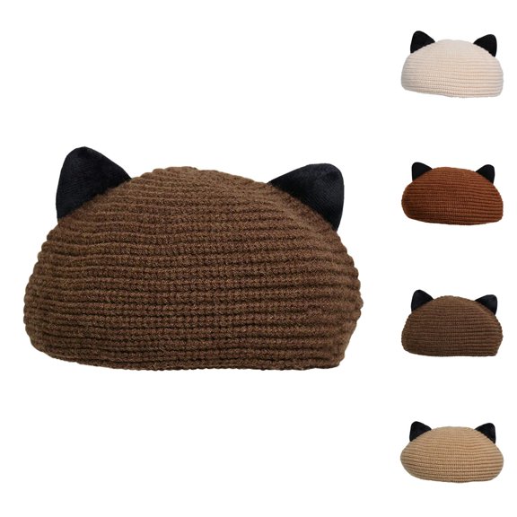 Women Cat Ear Knit Beret Hat – Warm Color Block Painter Cap, Cute Playful Style, Cozy Winter Fashion Accessory for Streetwear and Casual Outfits