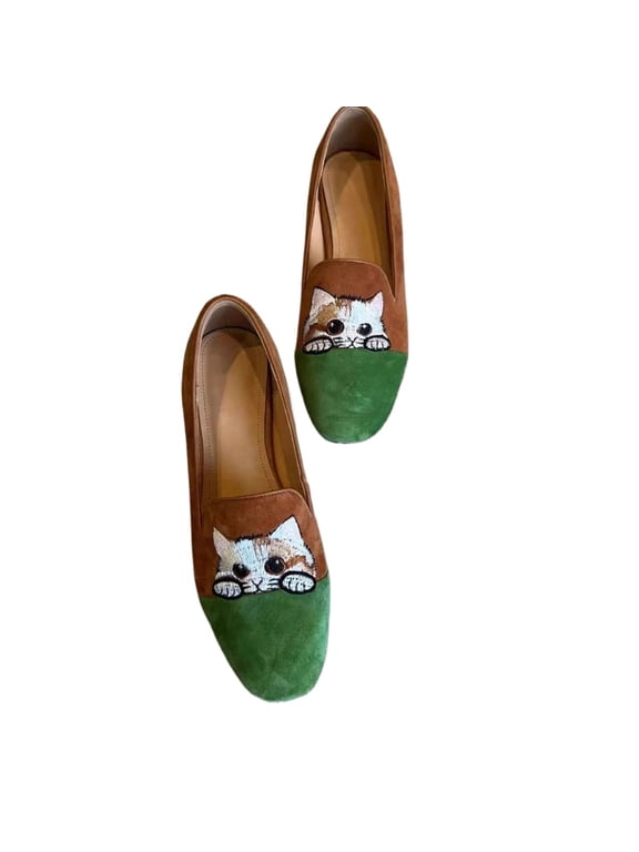 Women Cat Embroidery Loafers Cute Slip On Casual Flats Comfortable Walking Shoes