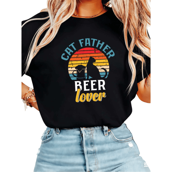 Women Cat Father Beer Lover Retro Sunset Cat Silhouette Graphic Tees T Shirt Tops Round Neck Printed Cotton T Shirt Black S-5XL