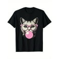 thumbnail image 1 of Women Cat Lover Tee Black S-5XL Pink Glasses Bubble Gum Graphic Short Sleeve Cotton T-Shirt Top Funny Casual, 1 of 5