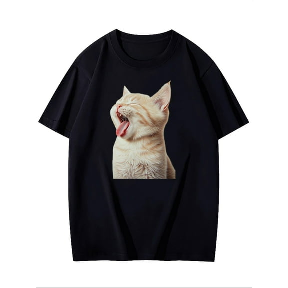 Women Cat Lover Tee Black S-5XL Yawning Kitten Graphic Short Sleeve Cotton T-Shirt Top Fashion Pet Apparel