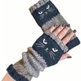 thumbnail image 1 of Women Cat Print Gloves Knit Half Finger Warm Winter Fingerless Mittens Soft Stretch Texting Gloves, 1 of 1