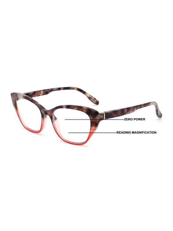 Women Cateye Progressive Clear Bifocal Reading glasses - No Line or Bubble - Zero Power on Top CR08 +2.00