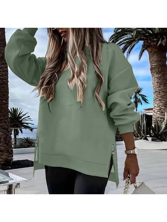 Women Causal Jacket Pullover Round Neck Long Sleeve Zipper Winter Sweatshirt Top