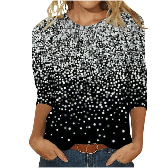 Women Causal T-shirt Sparkle Sequin Printed 3/4 Sleeve Crewneck Pullover Dressy Glitter Loose Tunic Tee