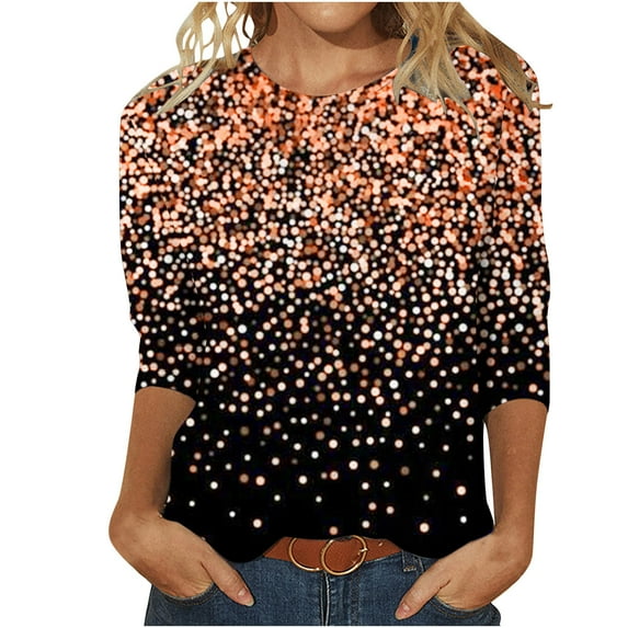 Women Causal T-shirt Sparkle Sequin Printed 3/4 Sleeve Crewneck Pullover Dressy Glitter Loose Tunic Tee