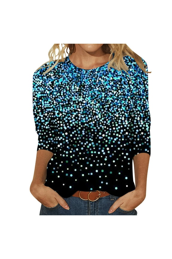 Women Causal T-shirt Sparkle Sequin Printed 3/4 Sleeve Crewneck Pullover Dressy Glitter Loose Tunic Tee